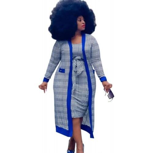 5XL Plus Size Women Dress Sets Pencil Tank Dress And Cardigan Long Jacket Autumn Fashion Plaid Print Street Style Casual Outfits