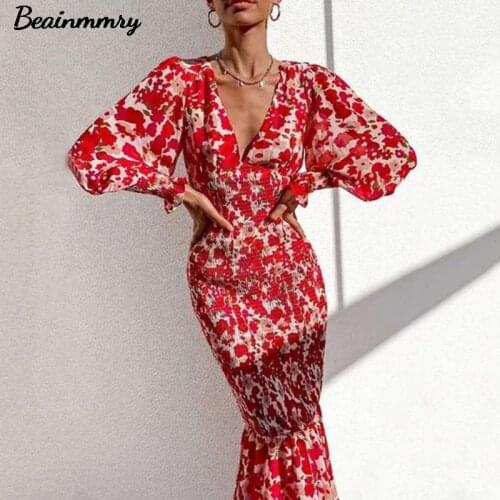 Za Summer Long Dress 2021 Women Floral Print V Neck Long Puff Sleeve Red Dress Elegant Female Vacation Casual Pencil Dress