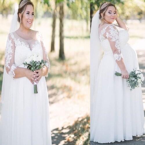 Plus Size Wedding Dress 2020 Pregnant 3/4 Sleeve A-Line Big Size Lace Appliques Chiffon Bridal Gowns Elegant For Women Brides