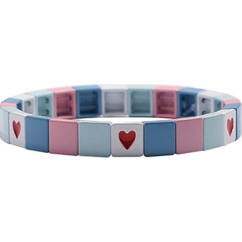 Heart Enamel Bracelet Tile Bead Bracelet Stacking Colorblock Thread Bracelet Pink Square Metal DIY Trendy Tila Strentch Wrisband
