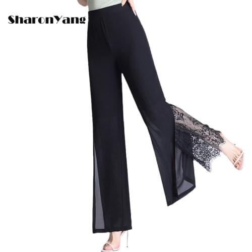 2021 Women Ladies Summer Loose High Waist Long Trousers Double Deck Chiffon Side Split Casual Palazzo Pants Wide Leg Pants