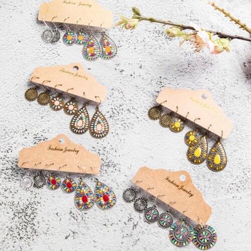 Bohemian Ethnic Vintage Big Round Earring Sets Jewelry for Women 3 Pcs/Set Acrylic Beads Pendant Silver Color Flowers Earrings