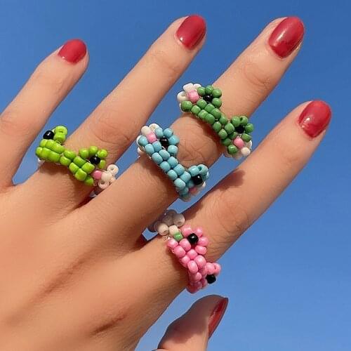 Cosysail Bohemian Frog Beaded Rings for Female Kids Colorful Korea Trendy Finger Ring Small Fresh Style Handmade Jewelry 2021