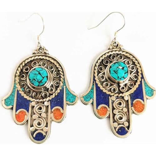 Vintage Handmade Earring Buddha Hand Pendants Earring Copper Inlaid Colorful Stone Ethnic Ear Rings E127