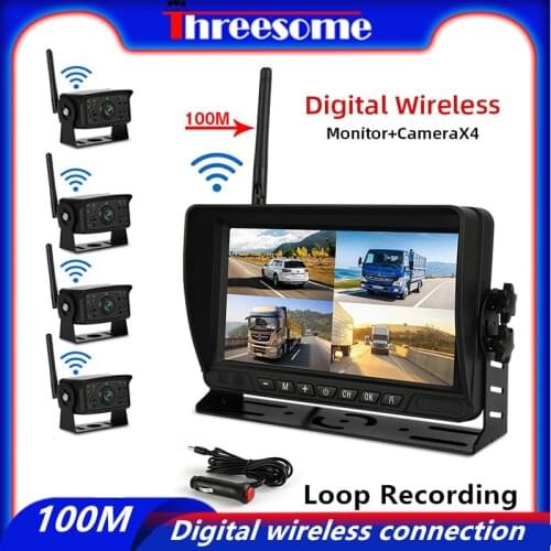 Truck DVR 7" IPS 4-Channel split screen monitor Front 1080P rear 720P infrared HD night vision camera Digital Wireless Recorder