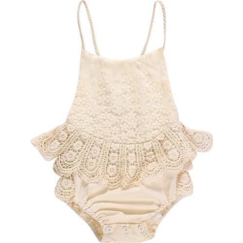 2020 New Summer Beige 0-12M Newborn Infant Girl Clothes Lace Sunsuit Jumpsuit Bodysuit nECK Outfits