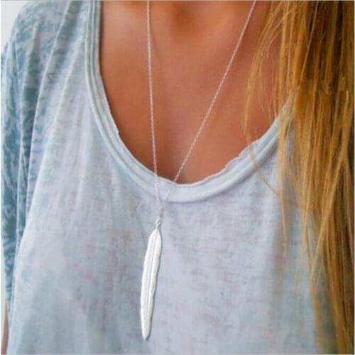 New Fashion womens vintage long necklace jewelry silver gold simple feather pendant necklaces colar Jewelry gifts XF005