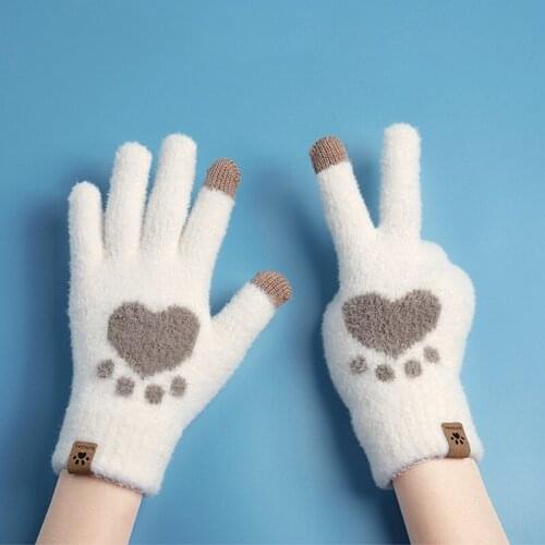 2021 Womens Knitted Winter Gloves Imitation Mink Hair Autumn Warm Thick Gloves Cute Cat Paw Pattern Touch Screen Girls Gloves