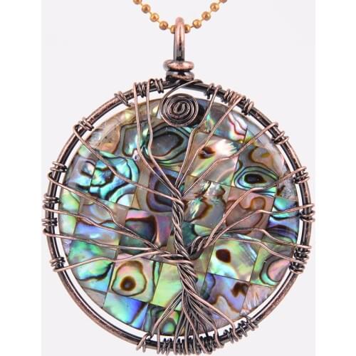 Natural Stone Round Abalone Shell Pendant Protective Copper Line Wrapped Tree of Life Necklace fit Women Fashion Jewelry D545a