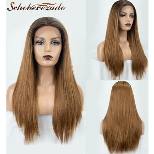Side Part Ombre Lace Front Wig For Women Long Straight Hair Lace Wig With Natural Hairline Scheherezade Brown Synthetic Lace Wig