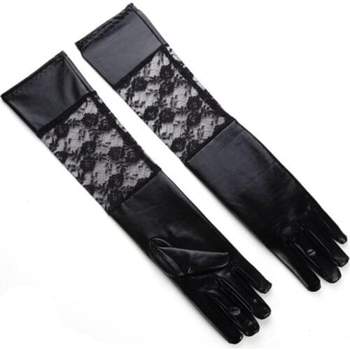 Dance Party Rose Black Lace Leather Gloves Winter Bride Wedding Dress Decorative Gloves Lady Female Girl Women