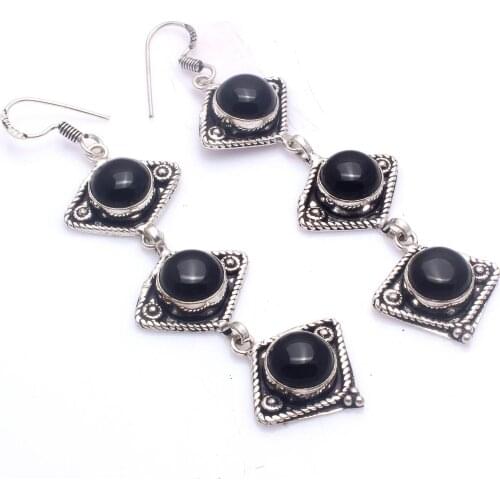 Genuine Black Onyx Silver Overlay on Copper Earrings , Hand made Women Jewelry Gift, E5824