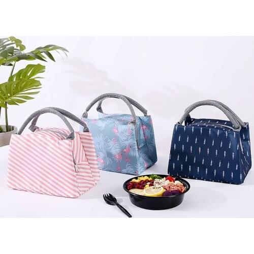 Grid/Stripe Portable Insulated Bento Lunch Box Tote Picnic School Storage Pouch for Camping Hiking Picnic