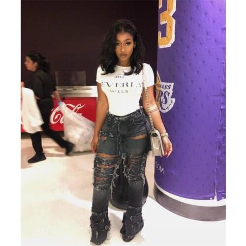 Plus Size Sexy Hole Ripped Flare Jeans Women Streetwear High Waist Wide Leg Denim Pants Bell-Bottoms Trousers Female