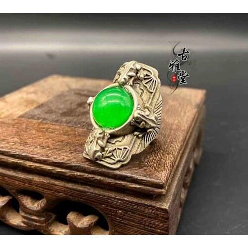 Antique Handmade Miao silver ring with silver inlaid gemstone emerald ring old silver ring