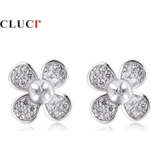 CLUCI Real 925 Sterling Silver Lucky Clover Earrings Jewelry for Women Classic Luxury Zircon Pearl Earring Mounting SE141SB