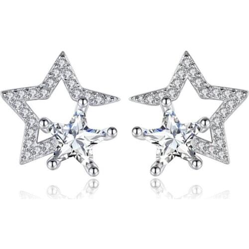 KOFSAC Womens Crystal Jewelry 925 Silver Earrings Girl Valentines Day Gifts Shiny Zircon Double Star Stud Earring Accessories