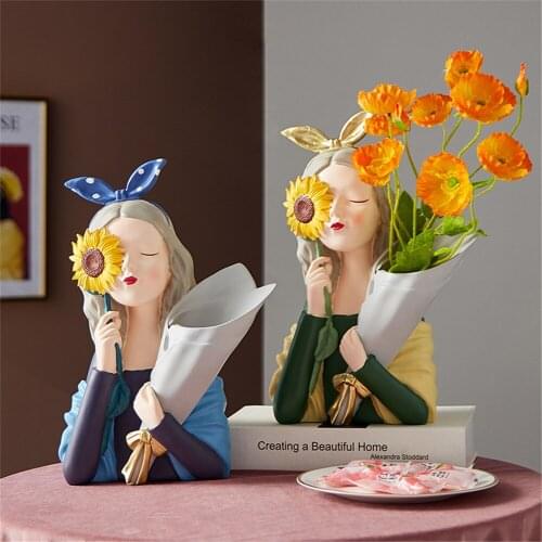 Nordic Style Girl Holding Flowers Resin Vase Crafts Statue Figurine Home Porch Decoration Art Gift