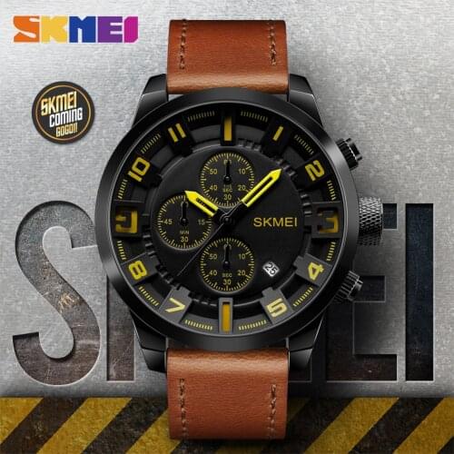 SKMEI Brand New Fashion Brown Leather Strap Watches Men Quartz Watch Waterproof Men Business Wristwatches 1309