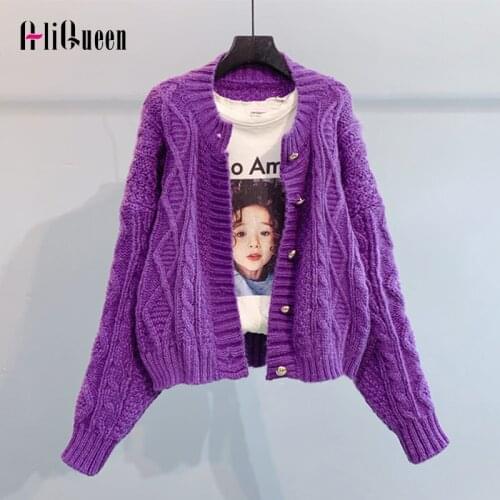 Autumn Women Vintage Crochet Knitted Sweater Cardigan Korean Female Winter Casual Buttons Purple Short Christmas Sweaters Coat