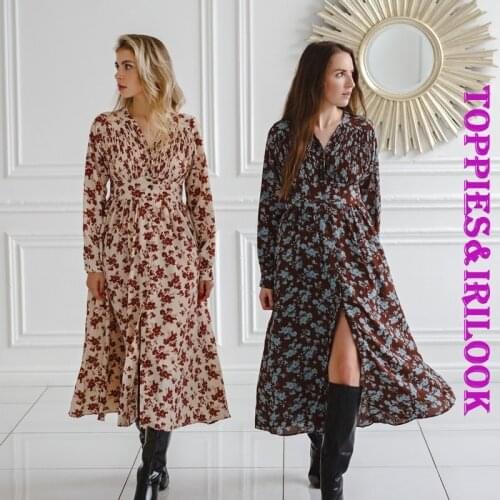 Toppies 2021 spring women dress long sleeve midi dress floral printing single breasted v-neck korean fashion clothings