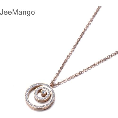 JeeMango 3 Circle White Rhinestones Pendant Necklace Rose Gold Color Stainless Steel Jewelry Gift For Girl Lady Women N18272