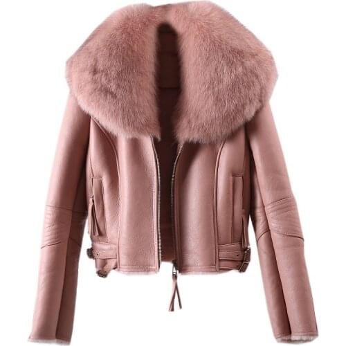 2021 New Fashion Genuine Sheepskin Leather Nature Fox FurMotorcycle Woman Short Slim Real Leather Jackets Luxury Winter Jacket