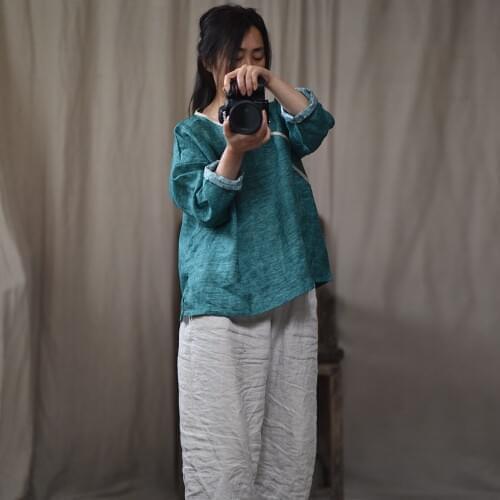 Women New Spring Summer Retro Linen Shirt Ladies Vintage Printed Tops Blouse Female Print Flax 2019 Shirt