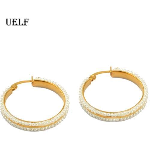 Uelf 2019 New Vintage Japan Korean Hoop Earrings For Women Handmade Sweet Simulated Pearl Circle Jewelry Pendientes Gifts