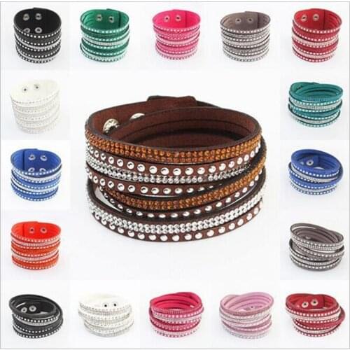 Women Luxury Multilayer Leather Wrap Cuff Punk Crystal Rhinestone Bracelets Bangle Jewelry Rose Black Birthday Valentine Gift