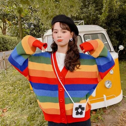 Knitted Cardigan Casual Women Loose Jacket Autumn Winter Korean Ins Harajuku Sweet Rainbow Stripes Female Knitted Sweater Tops