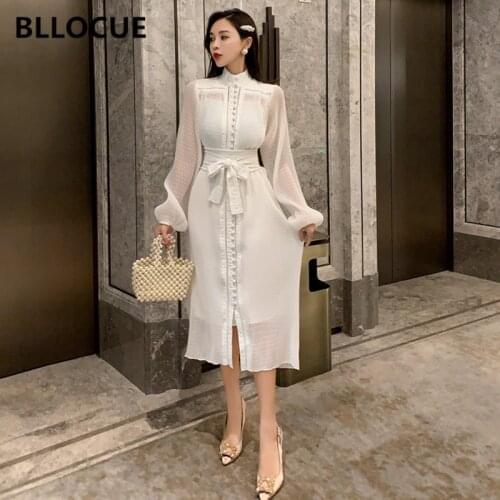 BLLOCUE 2020 Spring Fashion Ruched Polka Dot Women Stand Collar Long Sleeve Single-Breasted Elegant Retro Dress With Belt Female