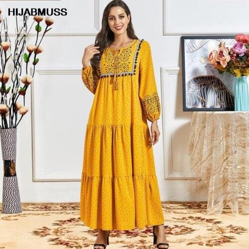 Abaya Kimono Autumn Womens Ethnic Embroidery Multi-layer Pleated Long-sleeved Casual Dress Muslim Women Djellaba Modest Dress