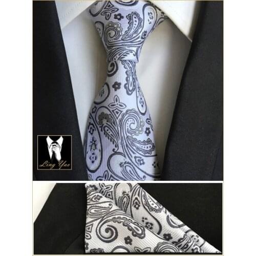 Top Designer 8cm Classic Necktie SET with Handkerchief Elegant Lavender Gray Paisley High Quality Woven Ties Pocket Square