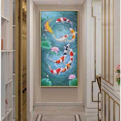 Koi Fish Feng Shui Carp Lotus Pond Pictures Oil Painting on Canvas Posters and Prints Cuadros Wall Art Pictures For Living Room