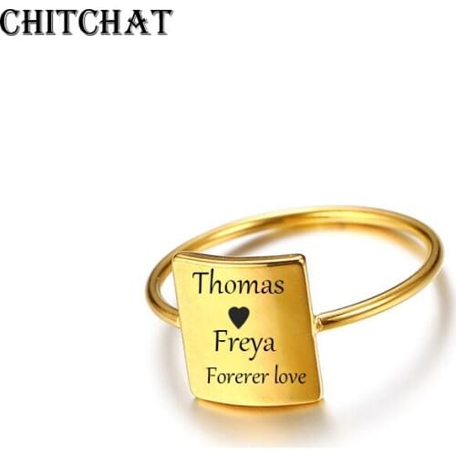 Personalized Customize Engraved Name Rings Stainless Steel Square Engagement Ring Promise Words For Women Gift