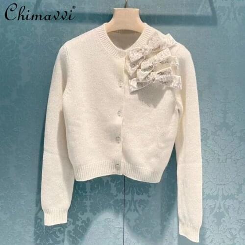 2021 Autumn New Knitted Tops Women Fashion Heavy Beaded Bow Cardigan Round Neck Long Sleeve Slim Short Sweater Coat Feminine