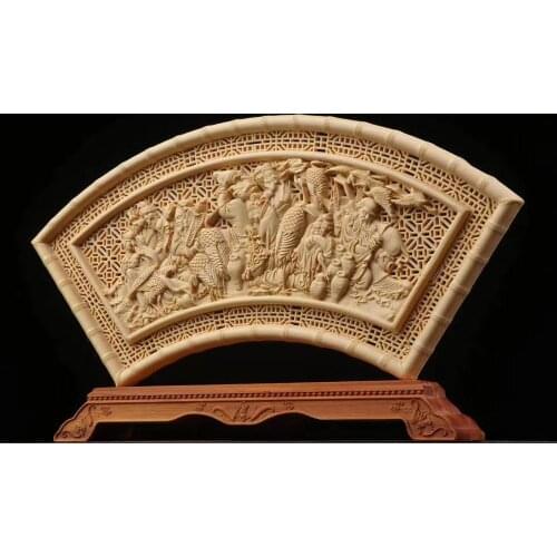 Cypress Wood 29cm Fan Sculpture Wood Carving Eagle Eight Gods Buddha Animal Statue Home Decor