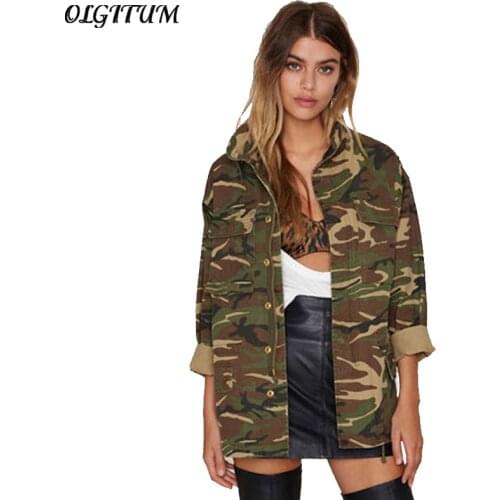 Spring Autumn New Women Jacket American Camouflage Jacket Military Fatigues Long Section Stand Neck Jacket With Button Zipper