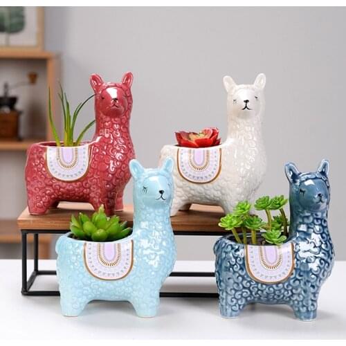 Cute Alpaca Flower Pot Planter Desktop Ornaments Indoor Ceramic Vase Home Garden Decoration Bonsai Succulent Pot Plant Pot