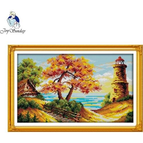 Joy Sunday DIY Handmade Needlework Counted Cross Stitch Set Embroidery Kit The Beach Autumnal Scenery Cross-Stitching Home Decor