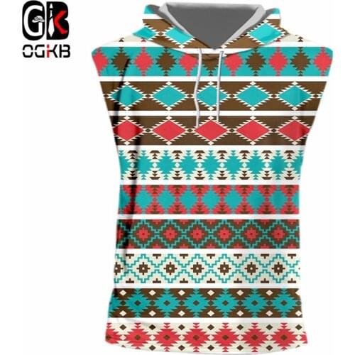 OGKB Fashion 3D Print Hooded Tank Top Funny Geometric Pattern Men Sleeveless Shirt Casual Pixel Style Stripe Fitness Sports Vest