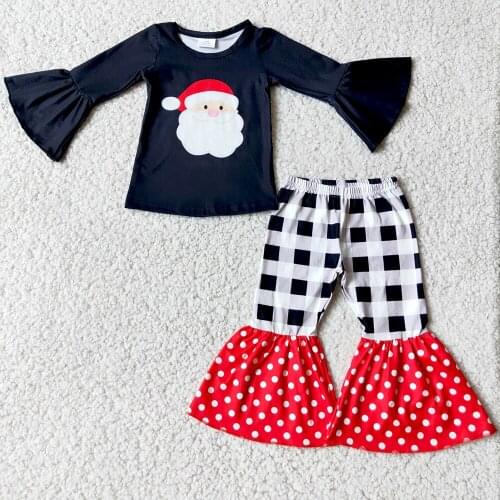Wholesale Retail Kid Clothes Christmas Baby Girl Flare Long Sleeve Top Match Stitching Plaid Dot Pants Suit Fashion Santa Outfit