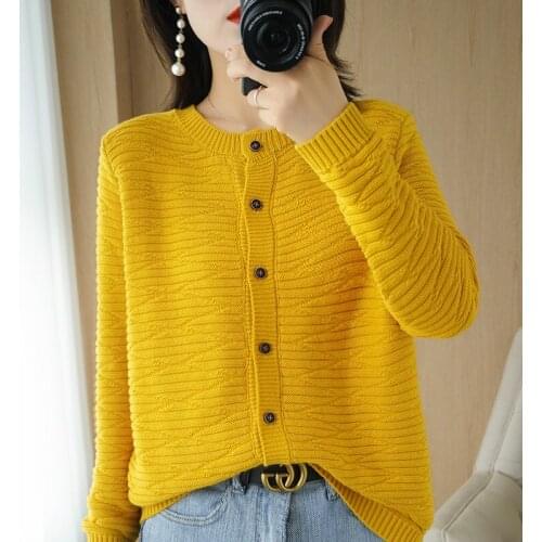Autumn and winter new style 100% pure cotton knitted cardigan womens round neck sweater coat loose thick long-sleeved top