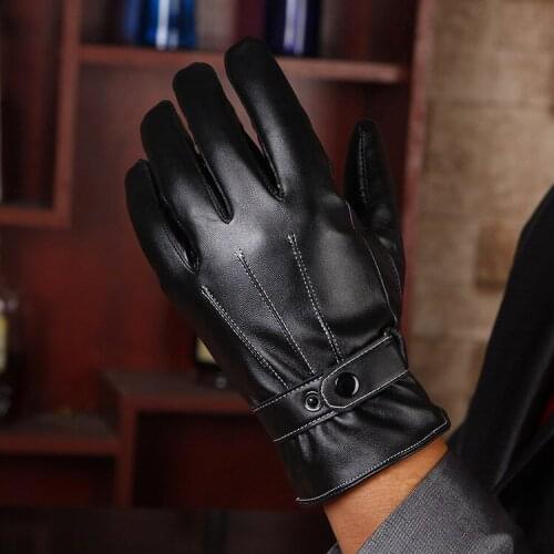 Three Tendons PU Leather Winter Gloves Mens Winter Students Warm Plus Velvet Thick Motorcycle Winter Driving Touch Screen