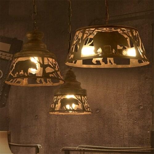 Retro Industrial Forest Bear Iron Pendant Lights Bar Table Bedroom Living Room Restaurant American Theme Hanging Lights Fixtures
