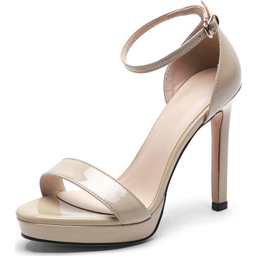 2021 Women Ankle Strap Sandals Patent Leather Sexy Lady Super High Heels Fashion Open Toe Aprciot Gray Summer Female Party Shoes