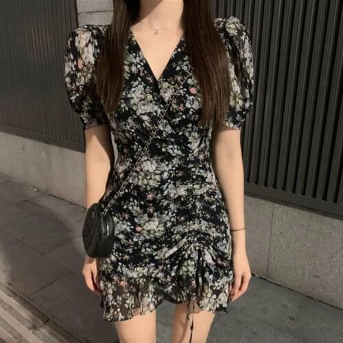 Drawstring Sexy Print Dress Women V-neck Flower Chiffon Puff Sleeve Mini Dresses 2021 Summer Vintage Ladies Party Robe Korean