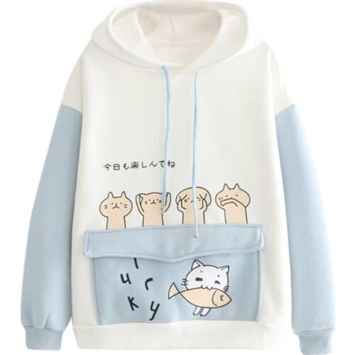 2020 Womens Harajuku Cartoon Cat Fish Hoodies Sweatshirts Cotton Velvet Hooded Sweatshirt with ears on hood Pullovers Pocket