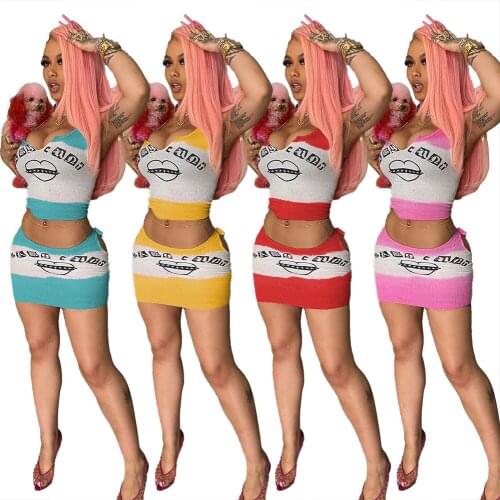 Echoine Letter Print Color Patchwork V-neck Crop Top and Mini Skirt Two Piece Set Summer Sexy Fitness Matching Set Clubwear Suit